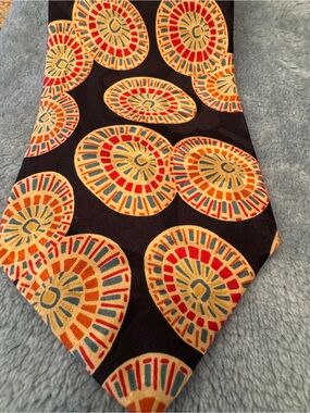 Vintage XMI Platinum Silk Medallion Necktie Navy Tie with Multicolor Circles